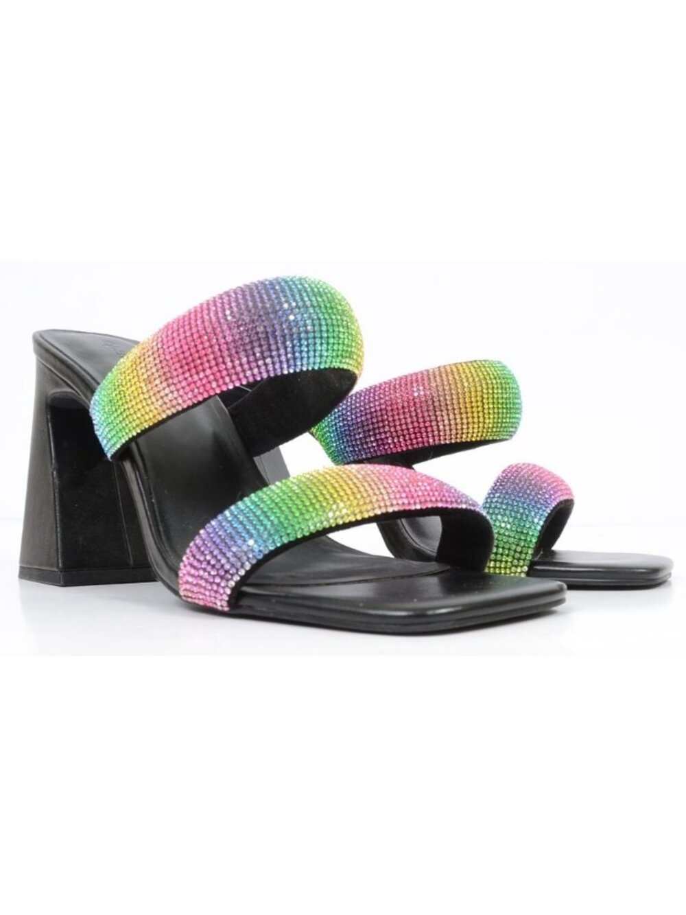 Open Edit Sasha Women 9.5 Black Rainbow Rhinestone Sandal Chunky Flared Heels